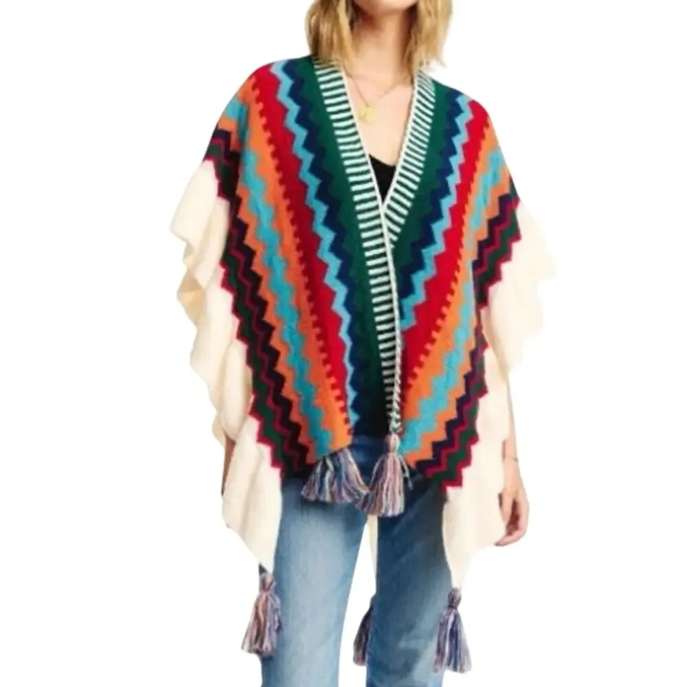 Chevron Soft Knit Poncho / Cape / Cloak / Shawl with Tassels New without Tag
